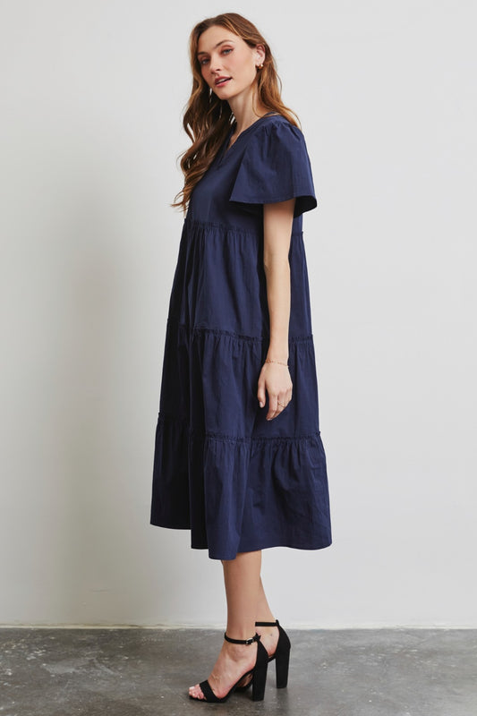 Full Size Cotton Poplin Ruffled Tiered Midi Dress