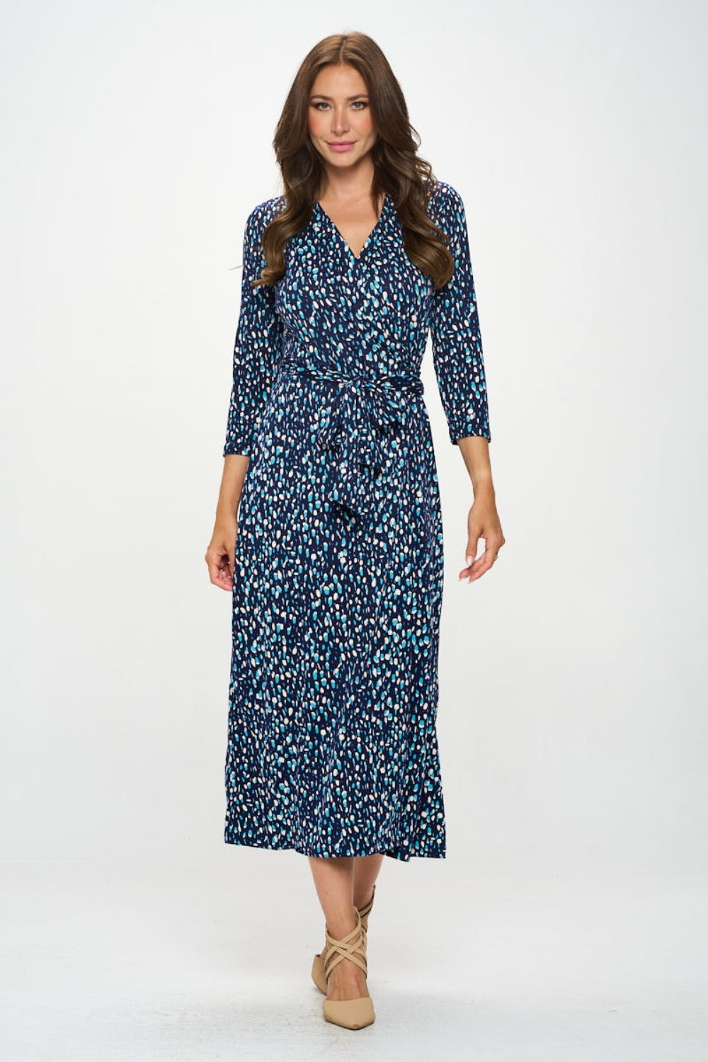 Printed Tie Front Surplice Midi Dress