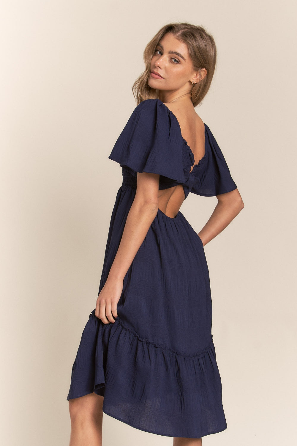 Smocked Bow Back Ruffle Hem Dress