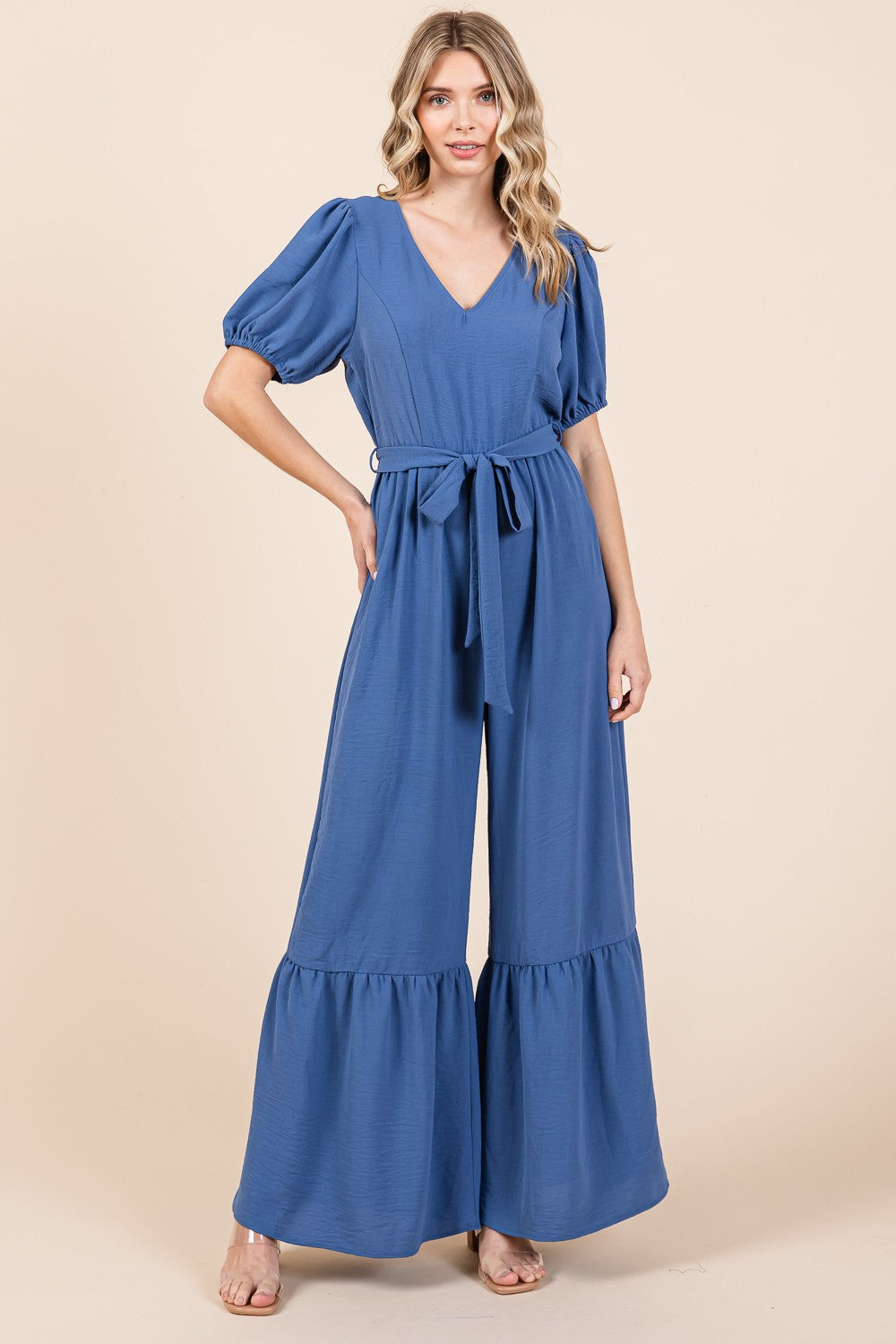 Full Size V-Neck Belted Wide Leg Jumpsuit