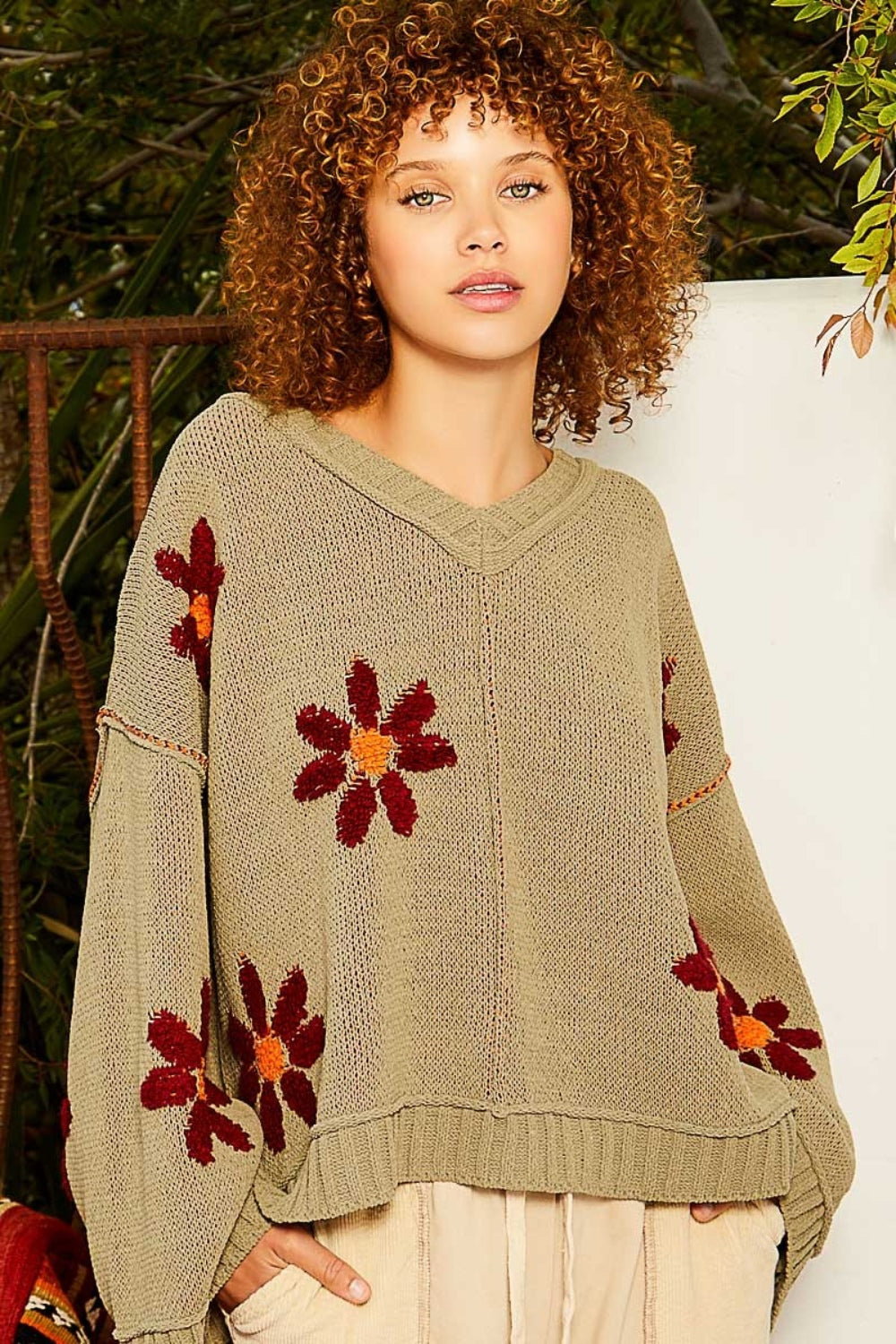 V-Neck Floral Pattern Chenille Sweater