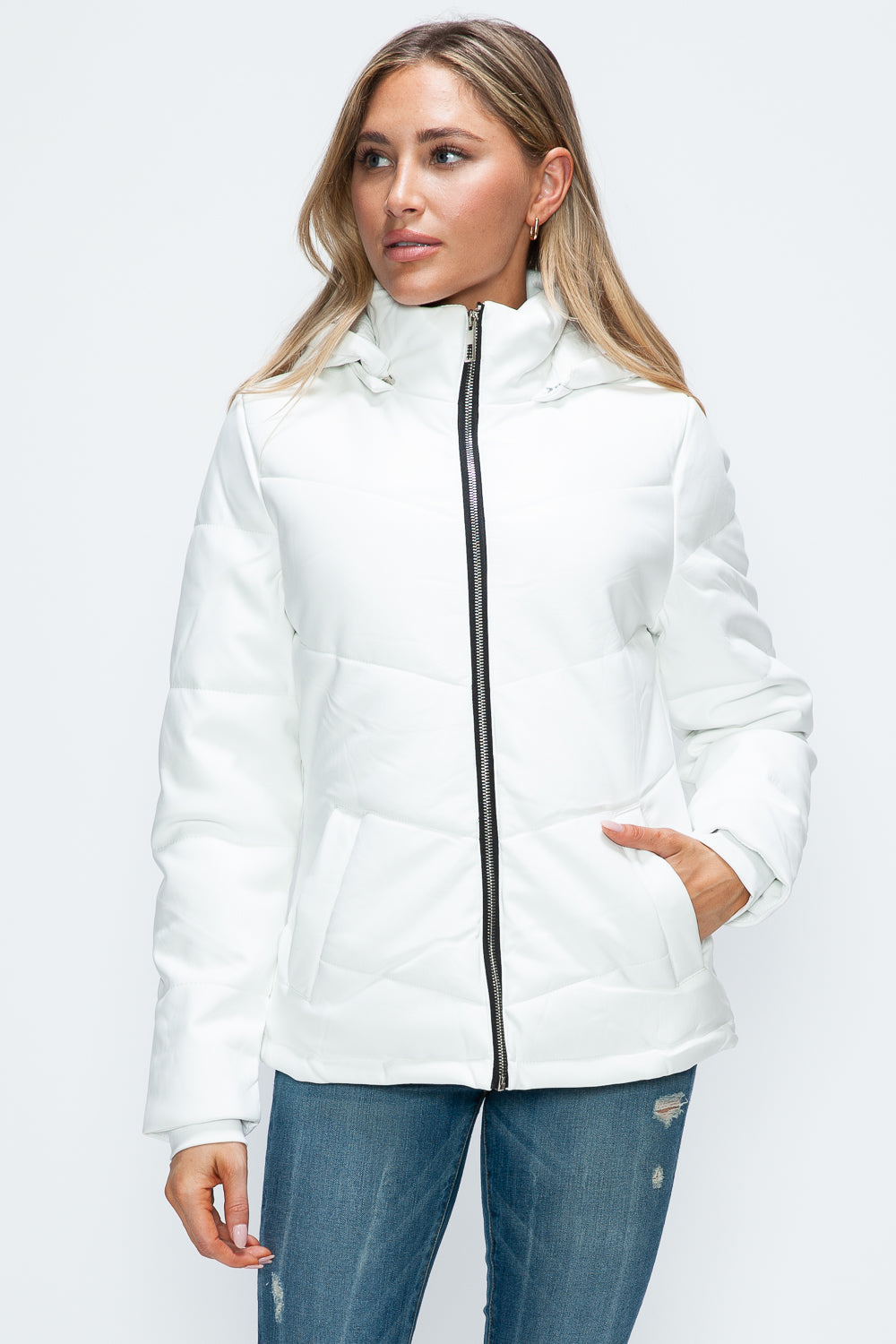 Pocketed Zip Up Puffer Jacket with Removable Hood