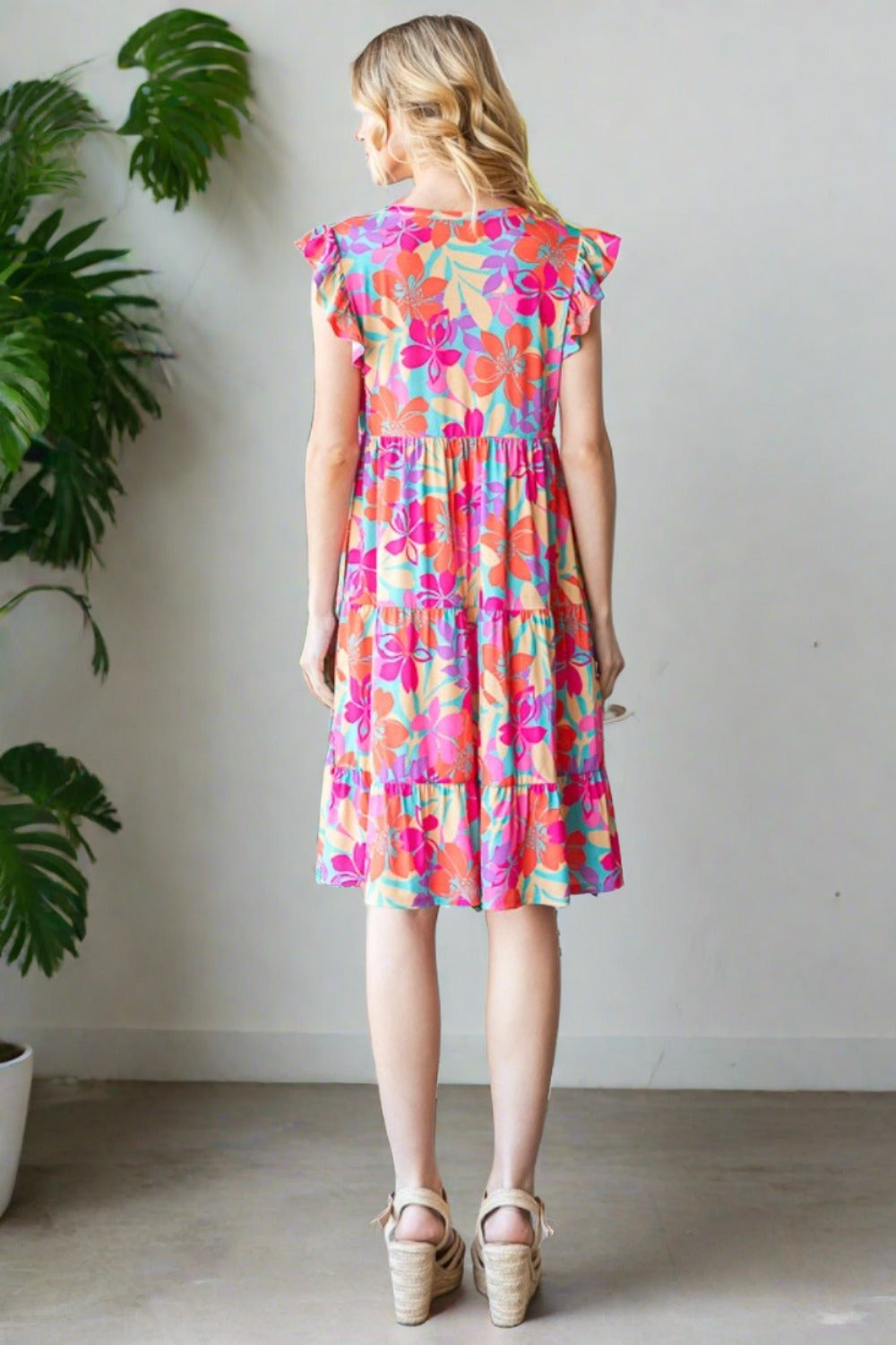 Full Size Floral Cap Sleeve Tiered Dress