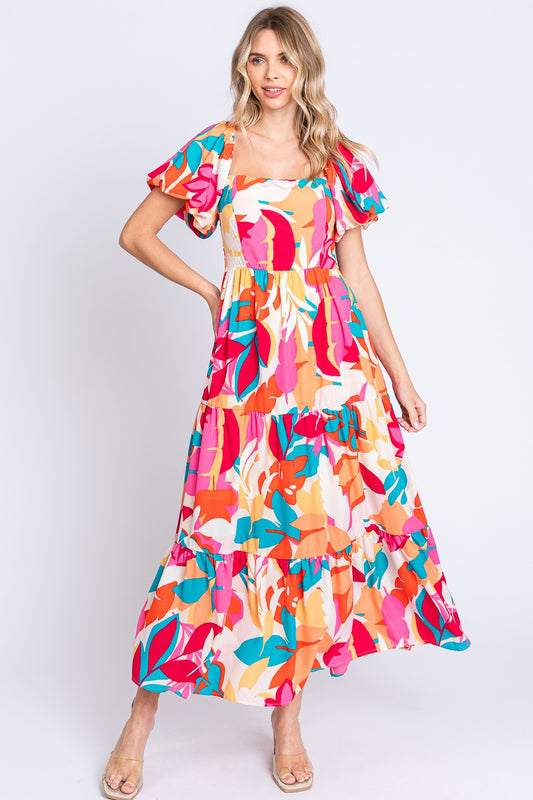 Full Size Printed Smocked Back Tiered Maxi Dress