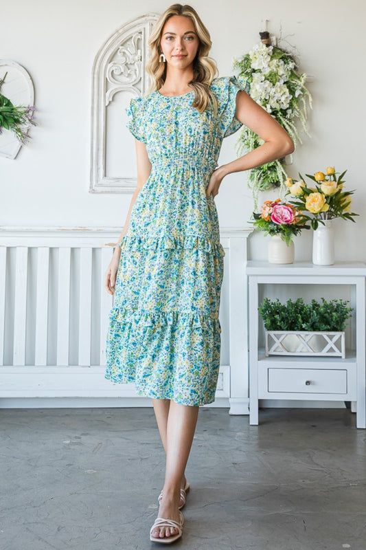 Floral Ruffle Trim Tiered Midi Dress