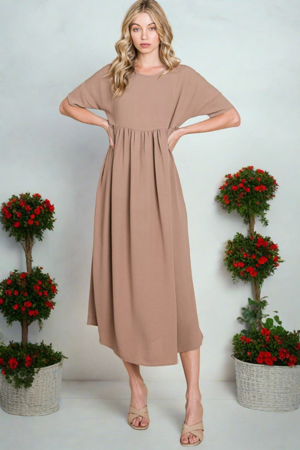 Round Neck Ruched Midi Dress