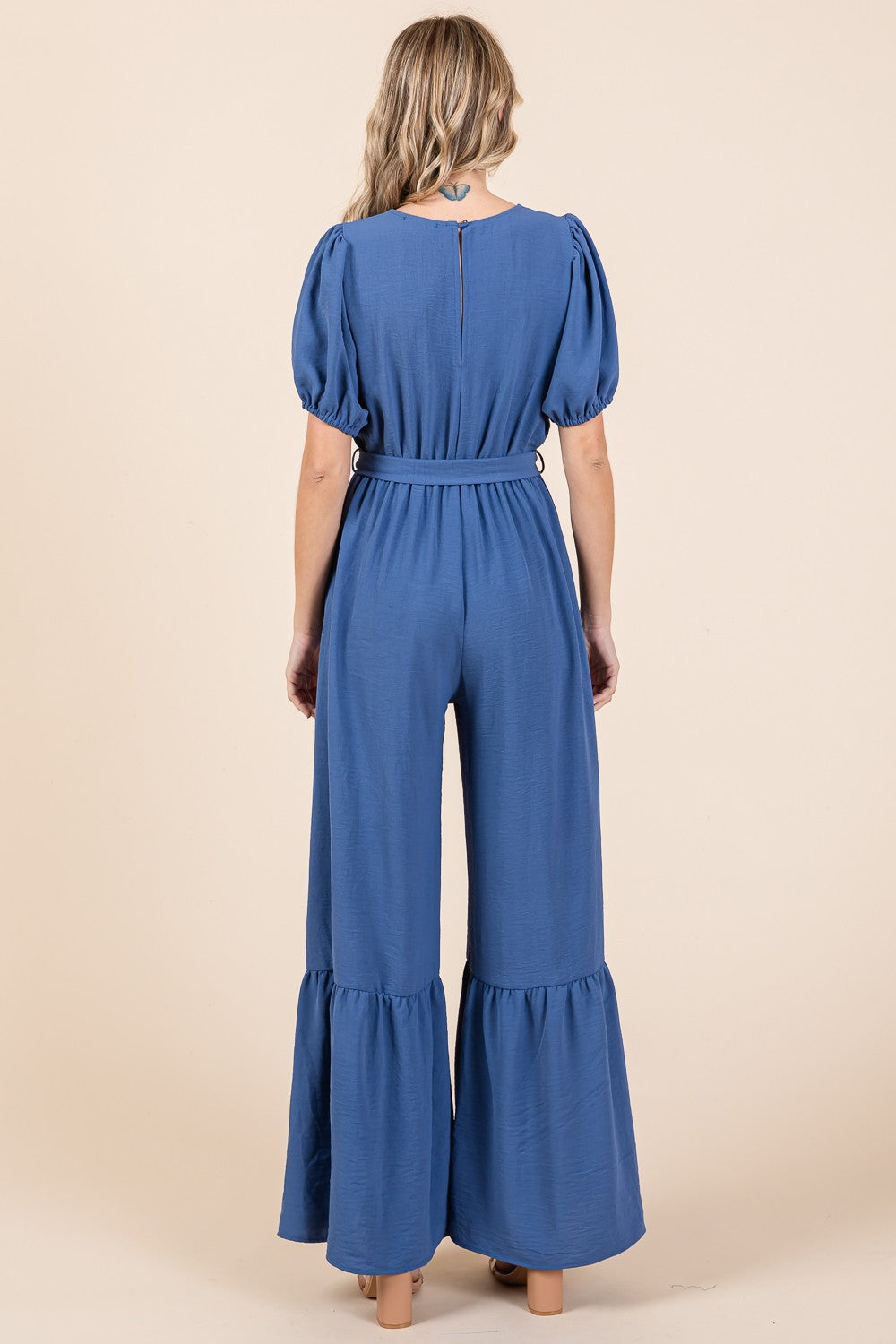 Full Size V-Neck Belted Wide Leg Jumpsuit