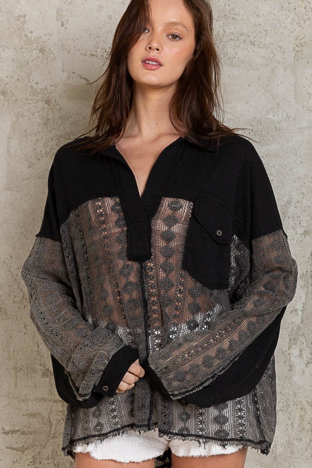 Collar Long Sleeve Lace Blouse