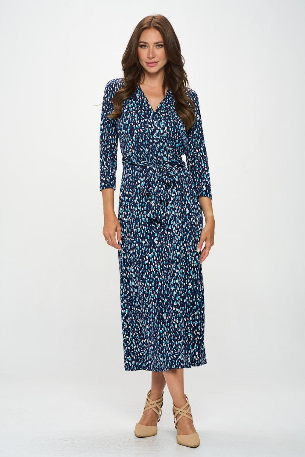 Printed Tie Front Surplice Midi Dress