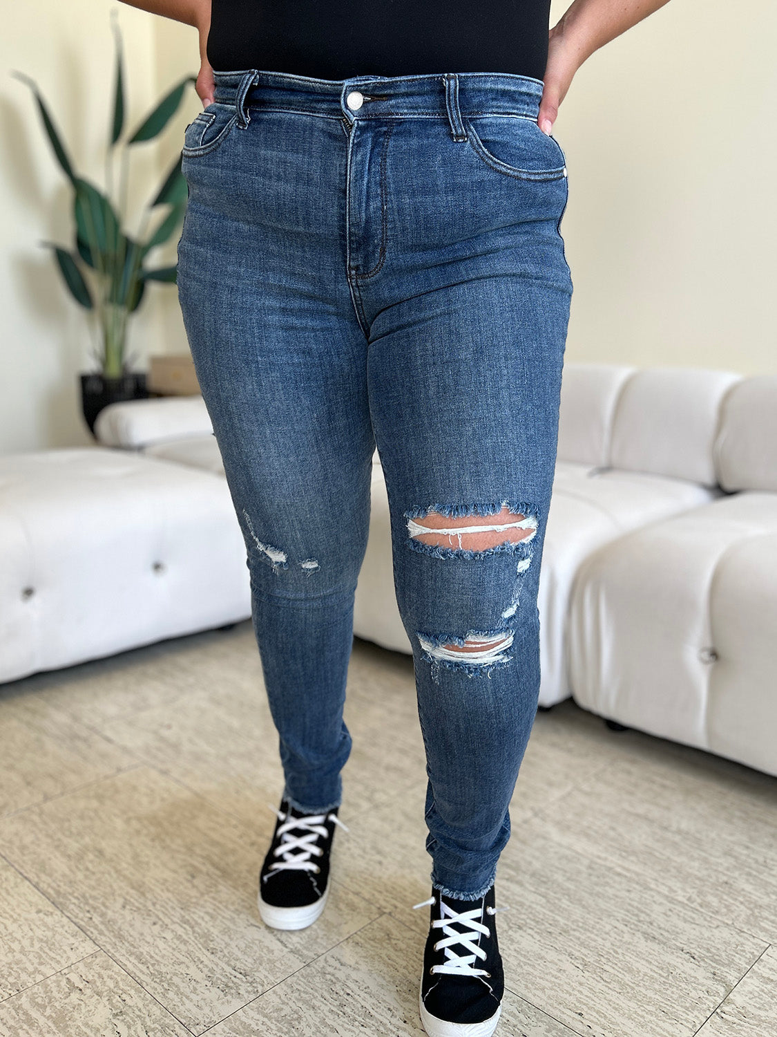 Full Size High Waist Distressed Skinny Jeans