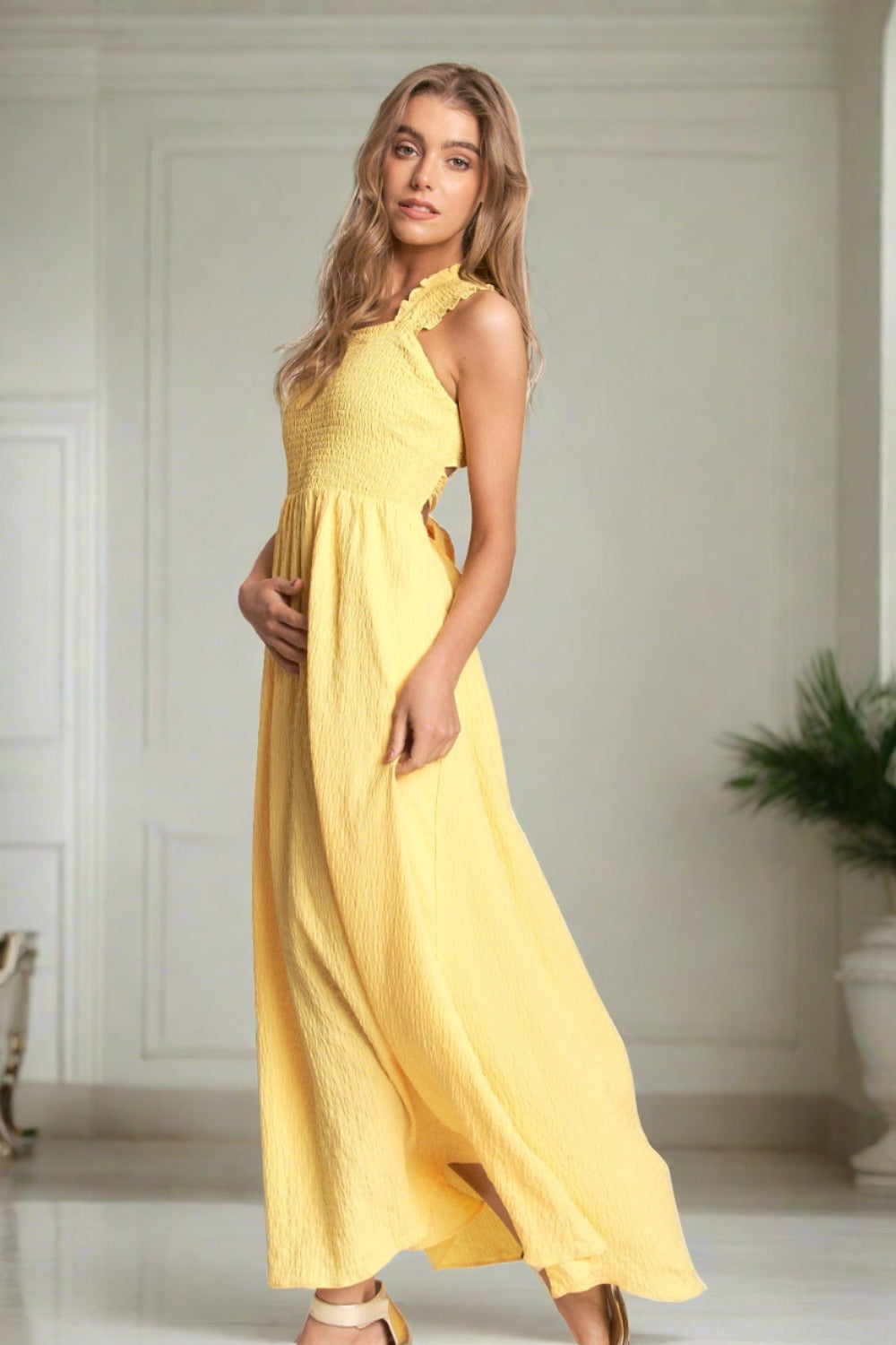 Crisscross Back Tie Smocked Maxi Dress