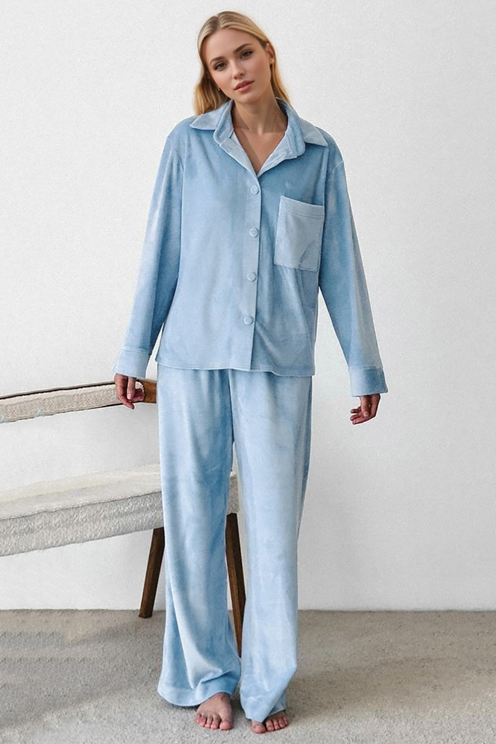 Buttery-Soft Collared Neck Button Up Top and Pants Set