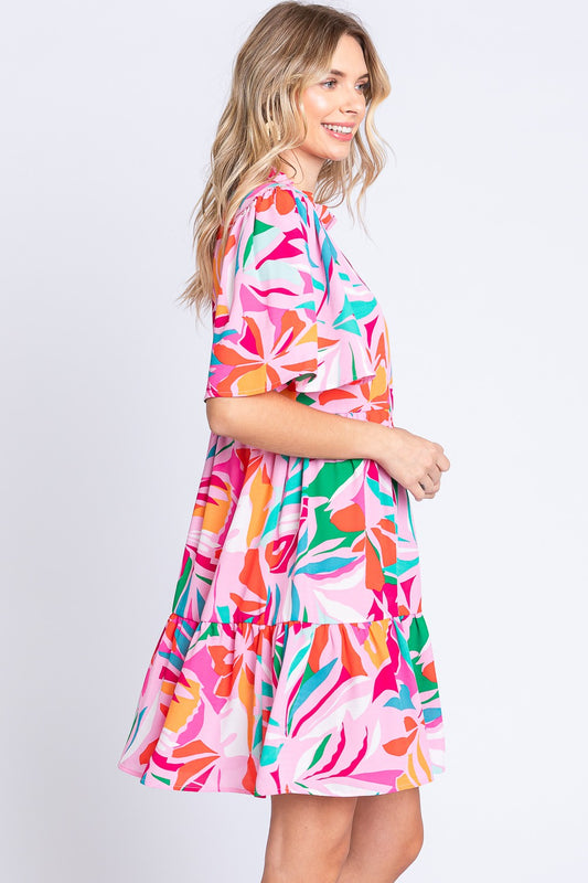 Printed Short Sleeve Ruffle Hem Dress