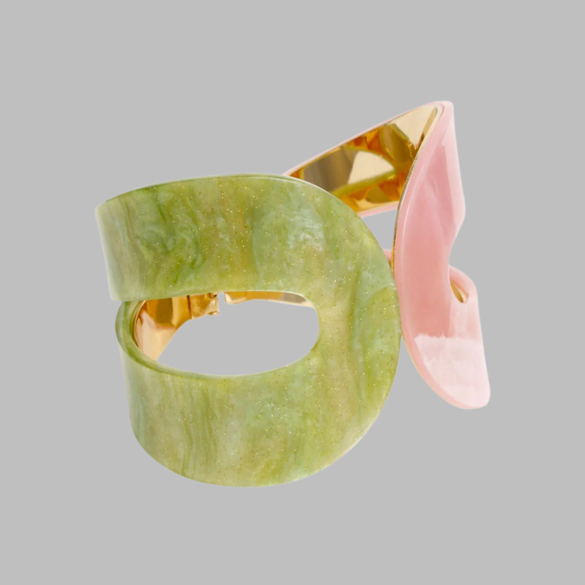 Women's AKA Bracelet Marbled Pink and Green Acrylic with Gold Metal Wrap Loop Cuff Bracelet Featuring Hinge Closure. Cuff Measures 2.5" wide.