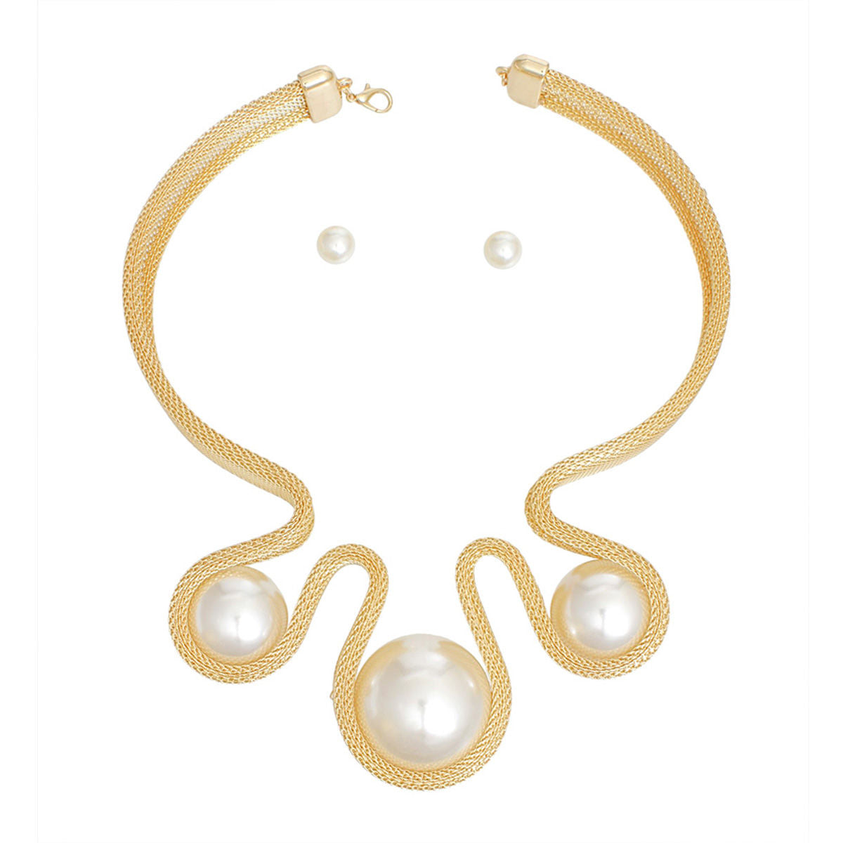 Women's Bib Necklace Set Bold Statement Rigid Chunky Gold Metal Mesh Chain Necklace Featuring Triple Teardrop Shaped Cream Pearl Bib Detail. Bib measures 3.25" x 5.5". Rigid Mesh Chain measures .85" wide. Lobster Clasp Closure. Includes Matching Pearl Ball Stud Post Backing Earrings.