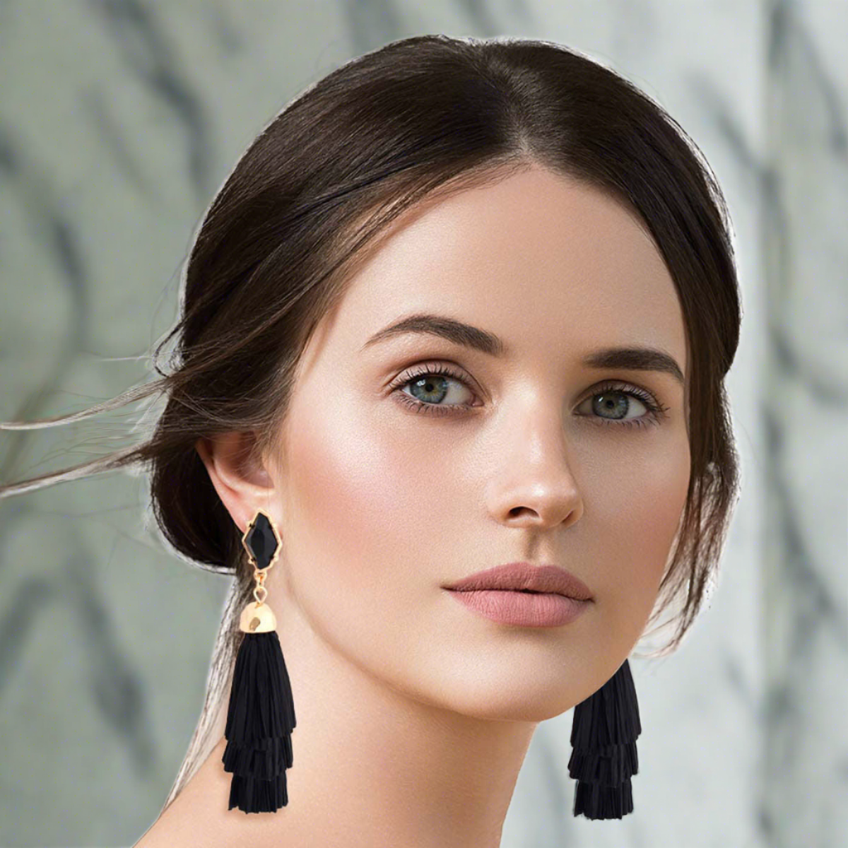 Black Raffia Stacked Tassel Earrings