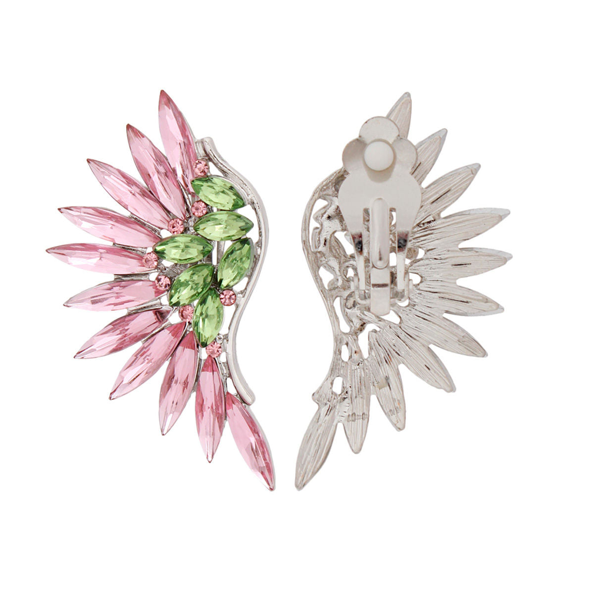 Women's Clip-On Earrings Silver Metal with AKA Sorority Pink and Green Crystal Rhinestones Wing Shaped Clip-Ons. Paddle Back Clip-Ons.