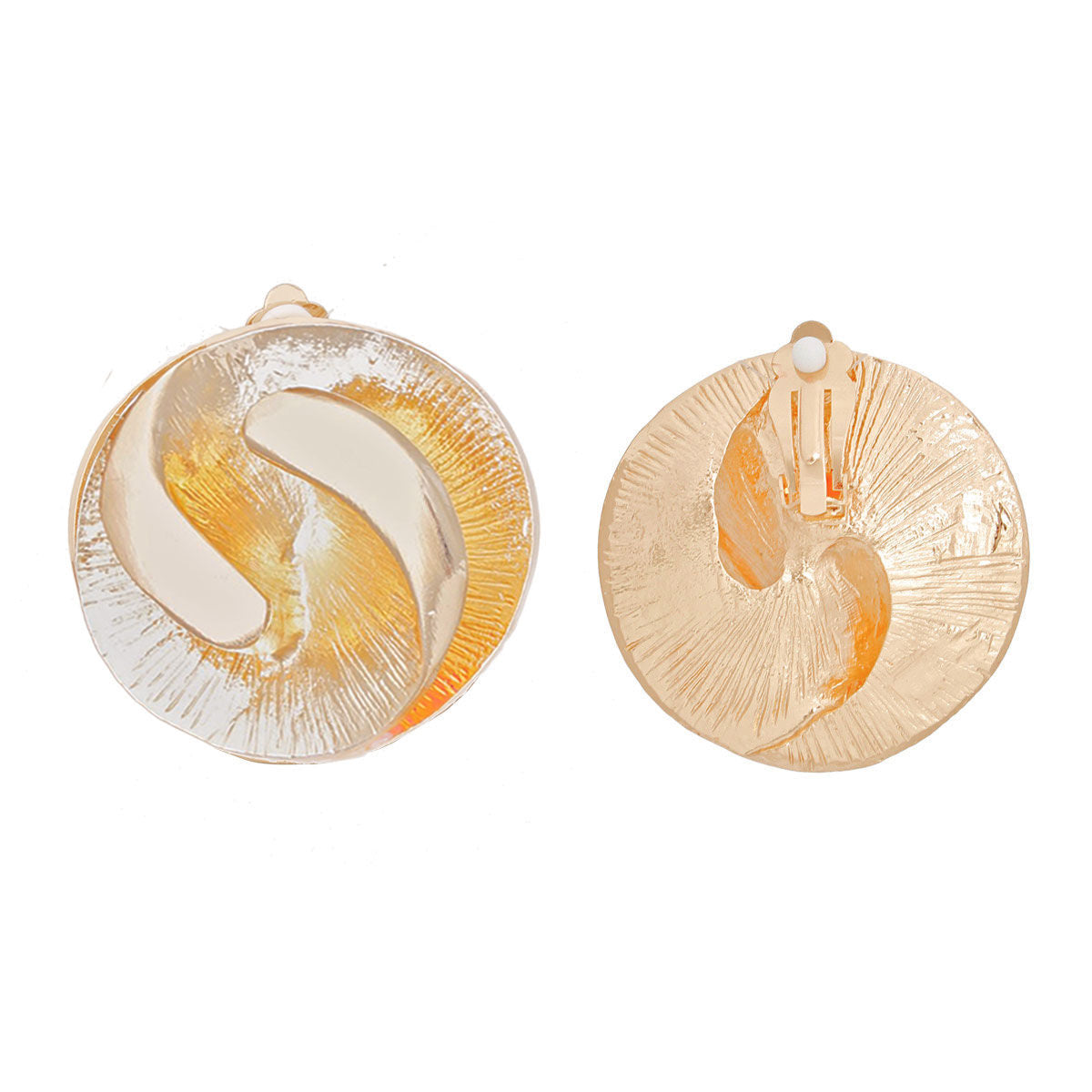 Women's Clip-On Earrings Medium Gold Metal 3D Yin-Yang Shell Like Round Shaped Clip-Ons. Paddle Back Clip-Ons.