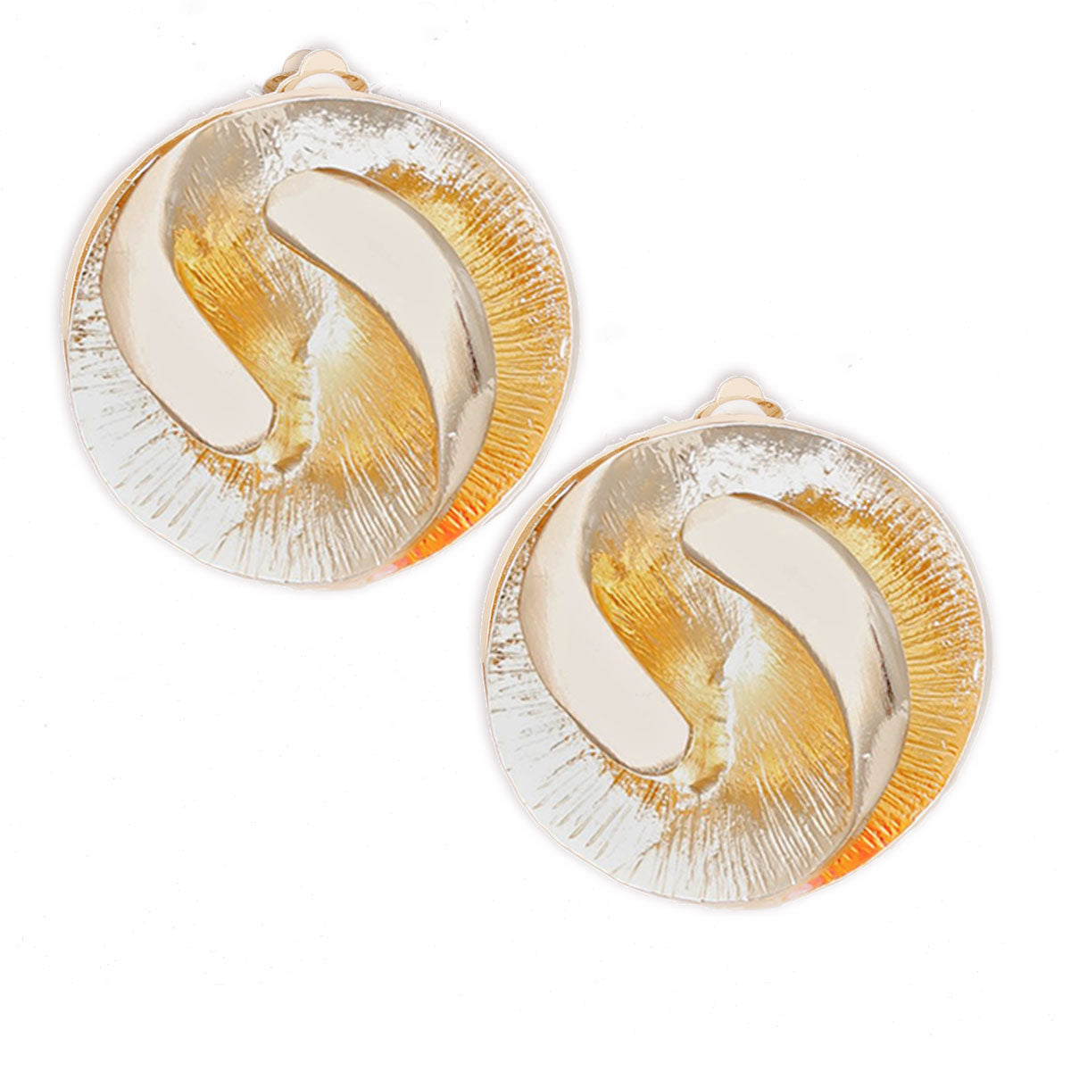 Women's Clip-On Earrings Medium Gold Metal 3D Yin-Yang Shell Like Round Shaped Clip-Ons. Paddle Back Clip-Ons.