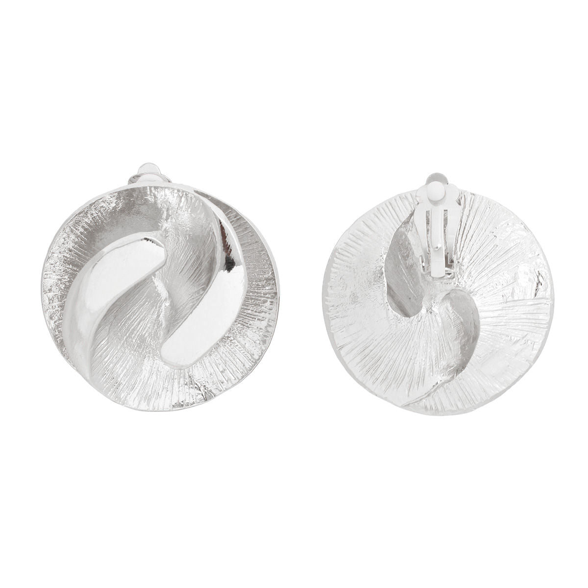 Women's Clip-On Earrings Medium Silver Metal 3D Yin-Yang Shell Like Round Shaped Clip-Ons. Paddle Back Clip-Ons.