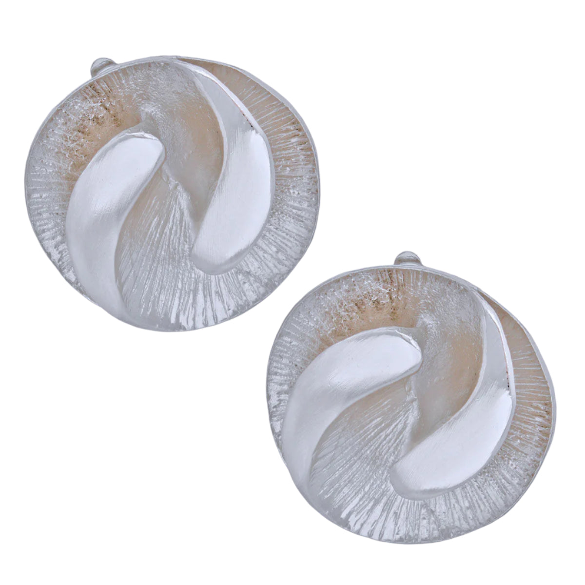 Women's Clip-On Earrings Medium Silver Metal 3D Yin-Yang Shell Like Round Shaped Clip-Ons. Paddle Back Clip-Ons.