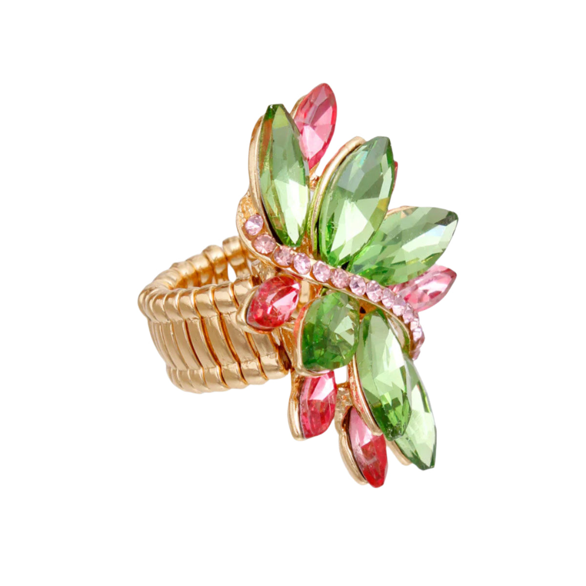 Women's Cocktail Ring Alpha Kappa Alpha Sorority Gold Metal Stretch Band Ring Featuring Pink and Green Marquise Crystal Cluster Design. Ring Detail measures 1.85" long.