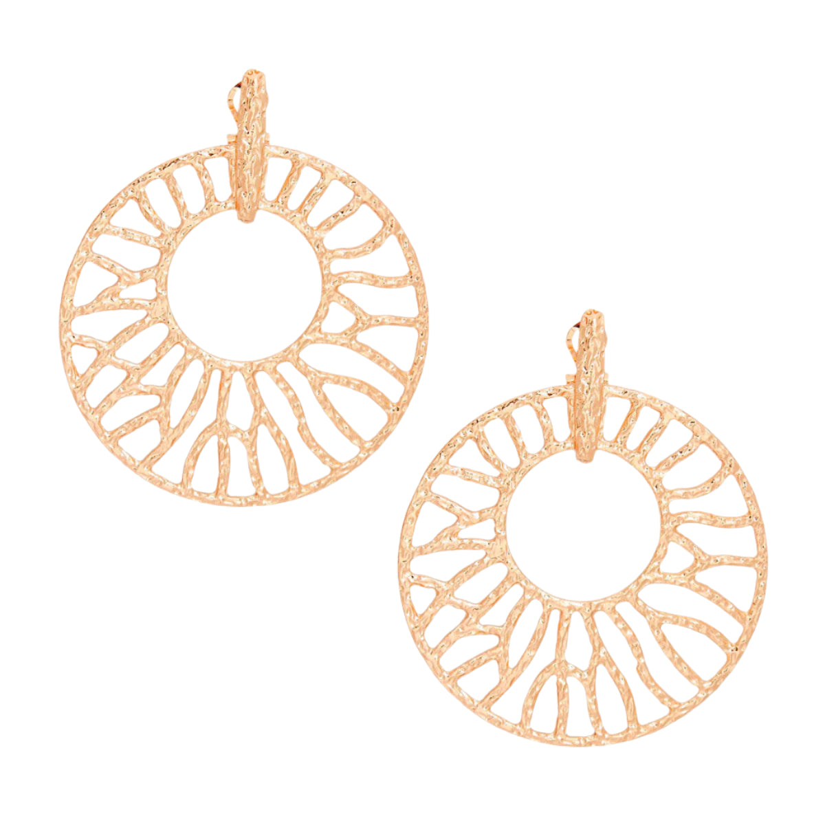 Women's Drop Earrings XLarge Gold Metal Hammered Texture Earrings Featuring Omega Hinge Post Backing with Branched Wheel Drop Design.