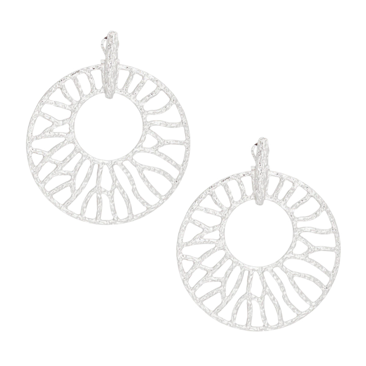 Women's Drop Earrings XLarge Silver Metal Hammered Texture Earrings Featuring Omega Hinge Post Backing with Branched Wheel Drop Design.