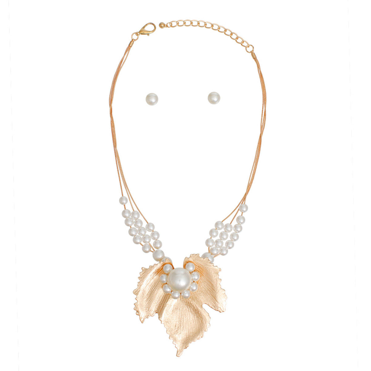 Women's Pendant Necklace Set 3 Strand Elegant Gold Metal Snake Chain Necklace Featuring Cream Pearl Slides and Textured Metal Leaf Pendant with Pearls. Pendant measures 3.25" x 3.25". Lobster Clasp Closure. Includes Matching Pearl Ball Stud Post Backing Earrings.