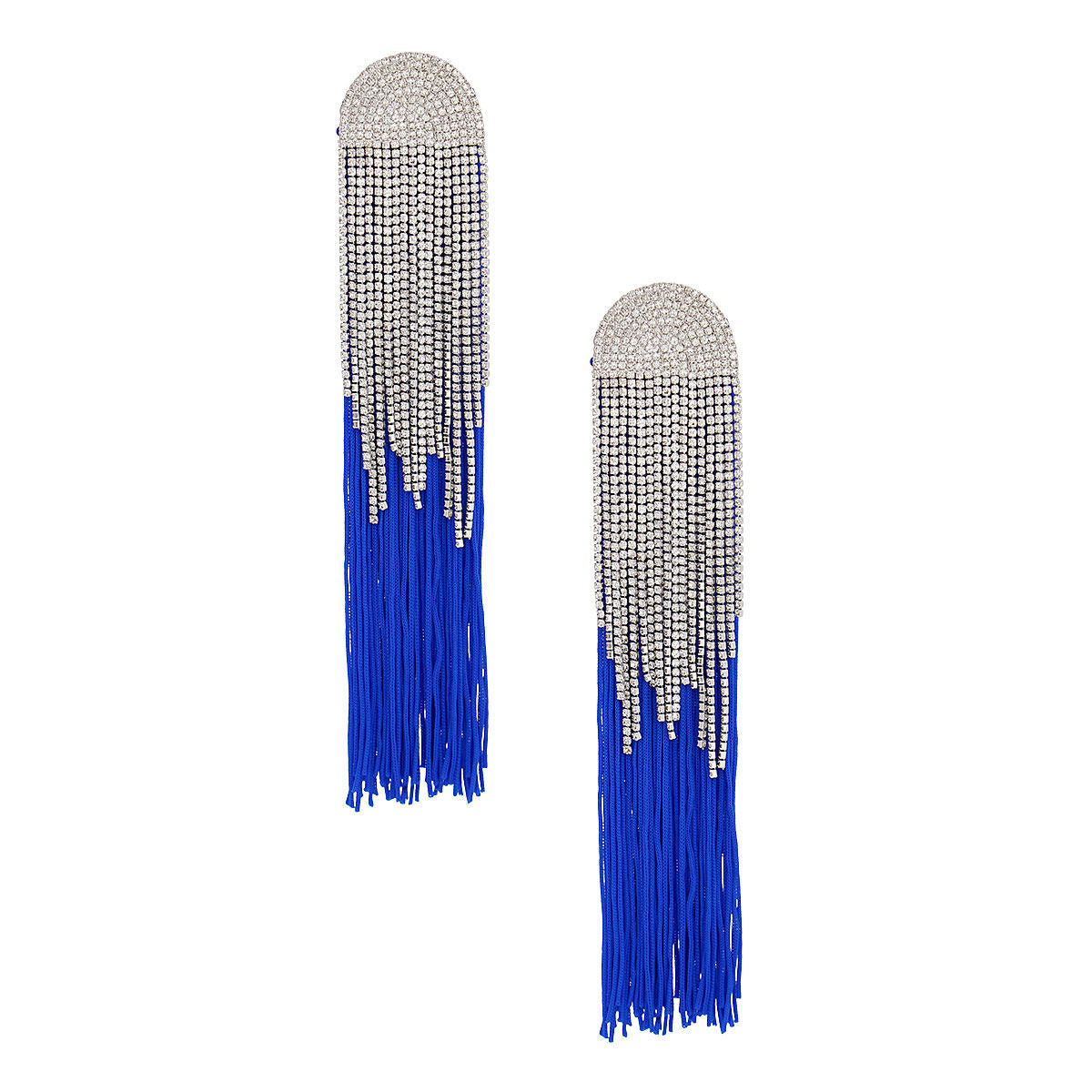 Women's Tassel Earrings Long Shoulder Duster Royal Blue Silky Tassel Earrings Featuring Arched Silver and Pave Clear Rhinestone Vintage Art Deco Top Detail with Rhinestone Fringe. Post Backing.