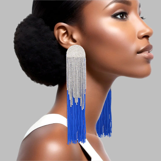 Women's Tassel Earrings Long Shoulder Duster Royal Blue Silky Tassel Earrings Featuring Arched Silver and Pave Clear Rhinestone Vintage Art Deco Top Detail with Rhinestone Fringe. Post Backing.