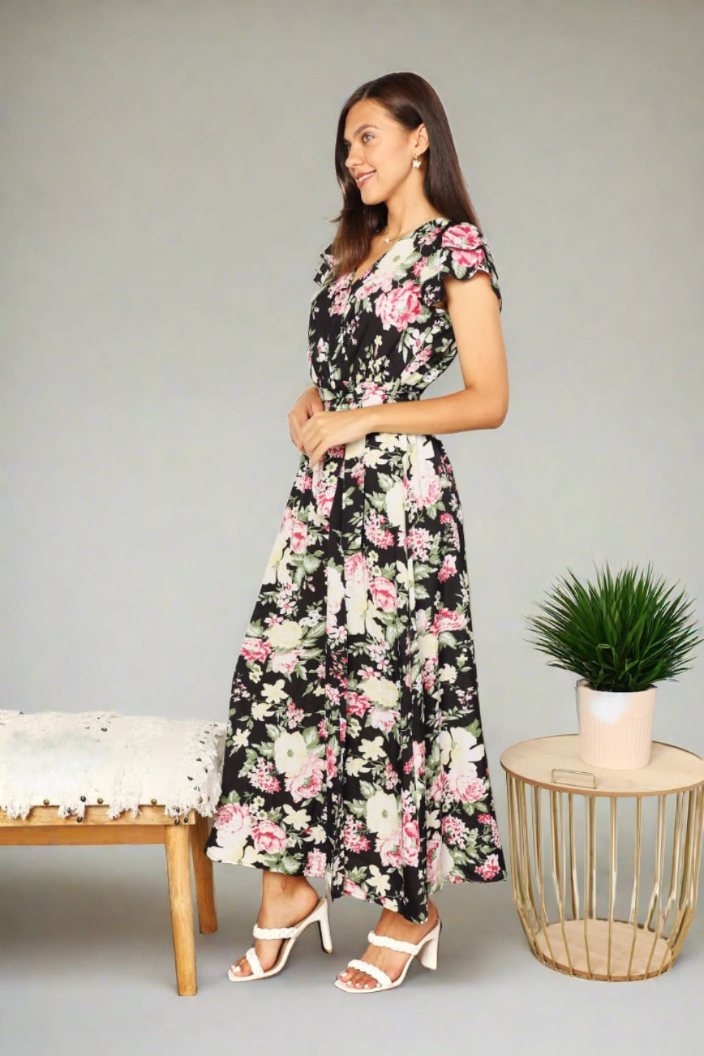 Floral Flutter Sleeve Tie-Waist Split Dress