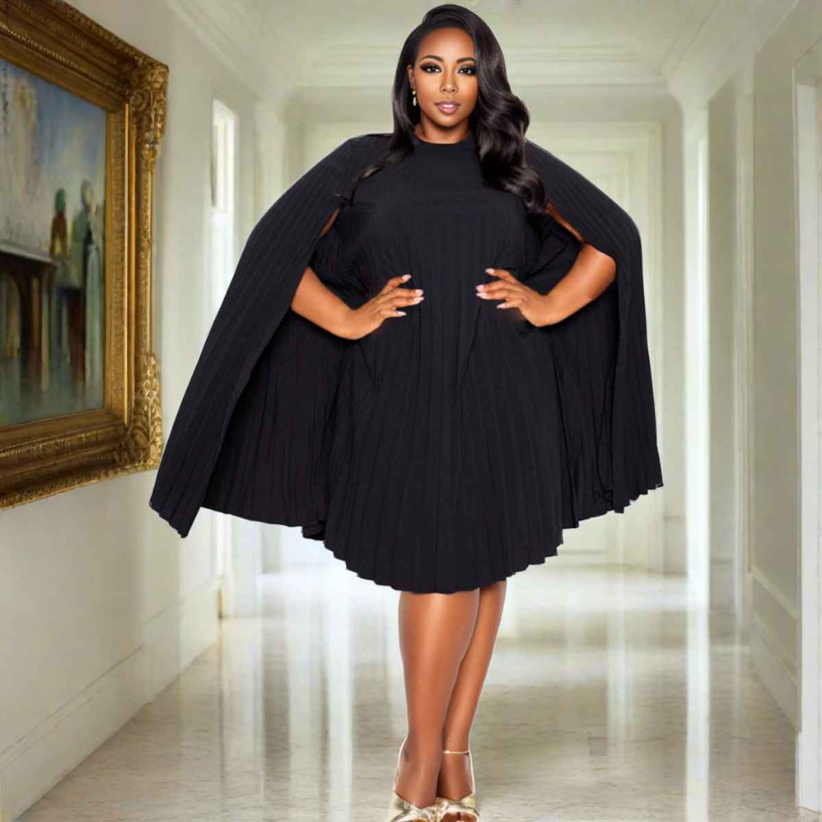 3XL Black Pleated Cape Dress