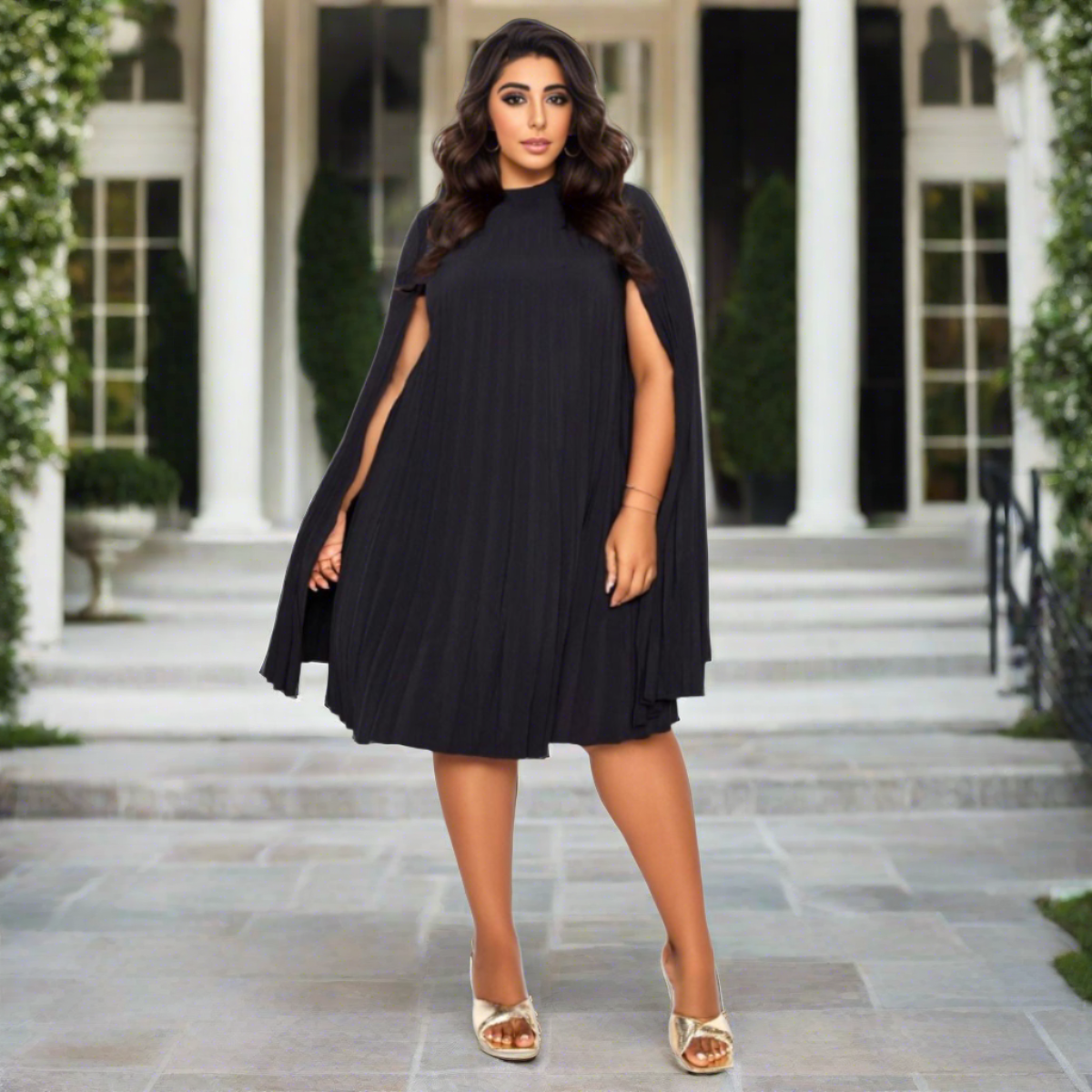 3XL Black Pleated Cape Dress