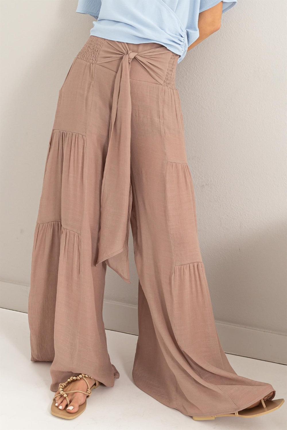 Tie Front Ruched Tiered Pants