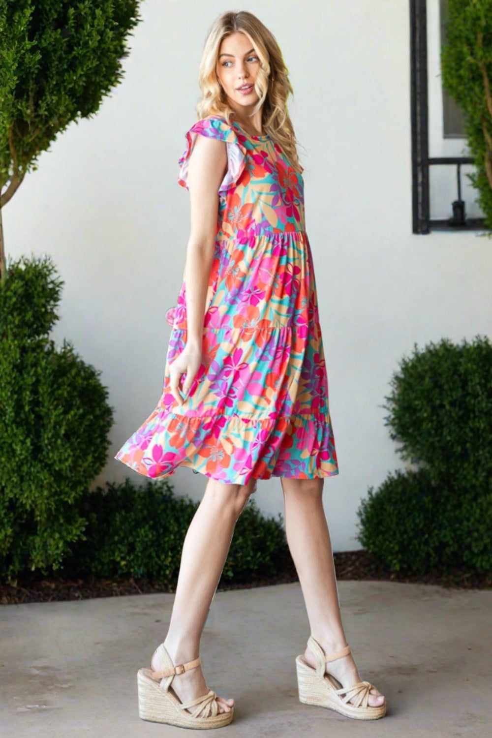 Full Size Floral Cap Sleeve Tiered Dress