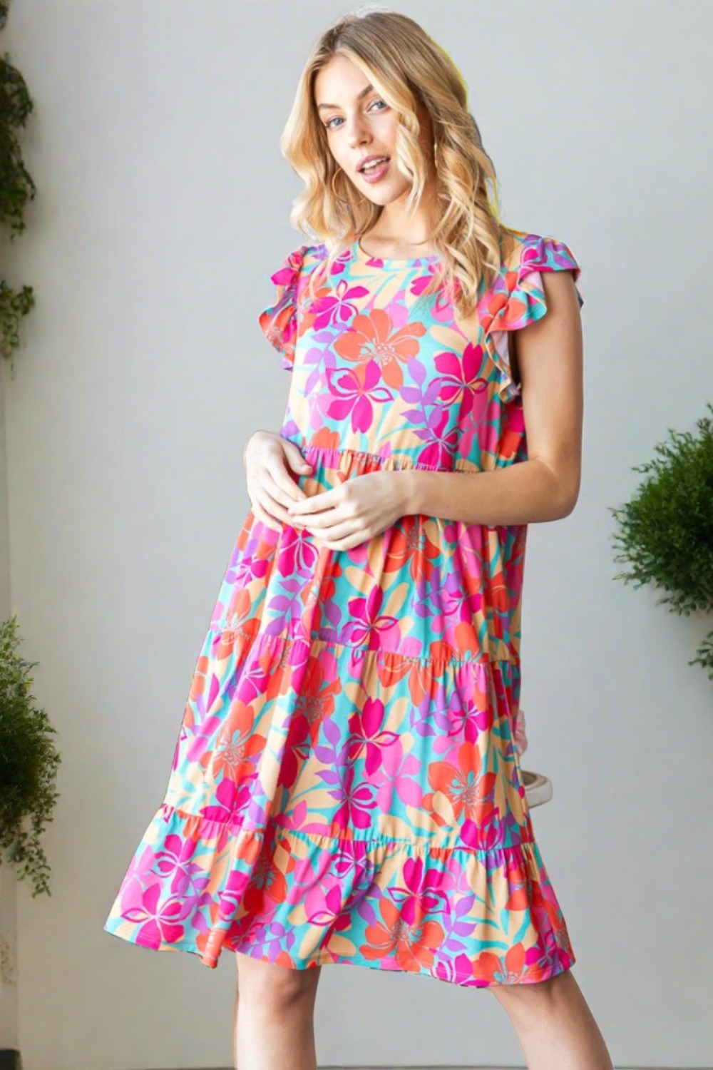 Full Size Floral Cap Sleeve Tiered Dress