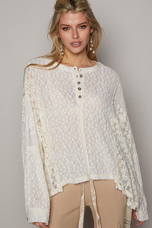 Round Neck Long Sleeve Raw Edge Lace Top