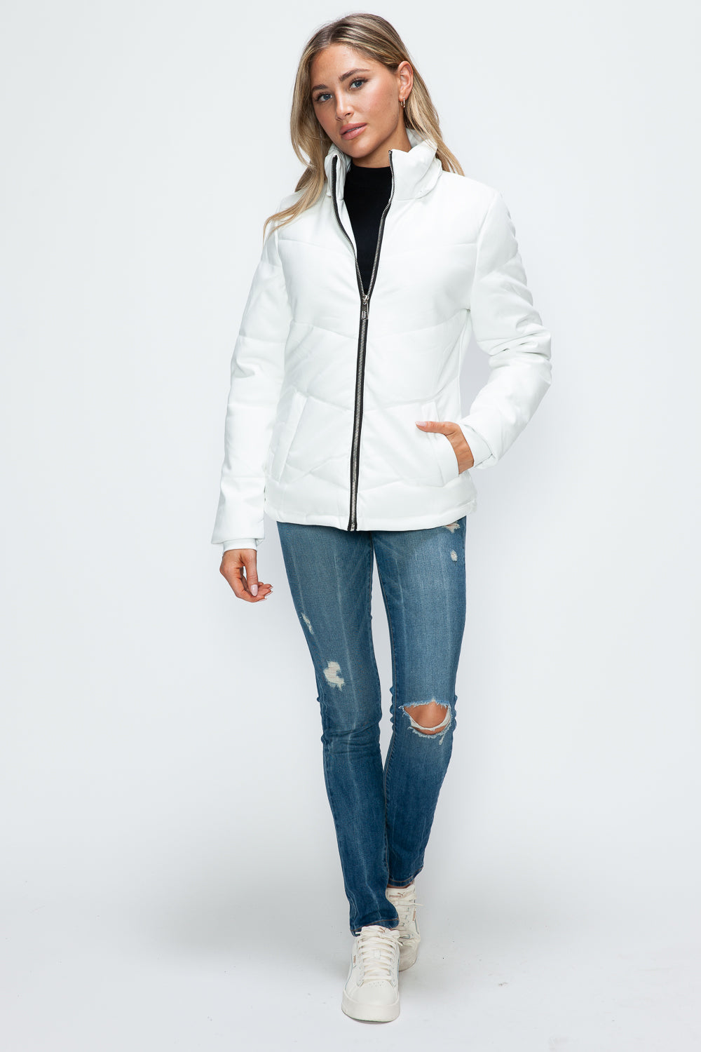 Pocketed Zip Up Puffer Jacket with Removable Hood