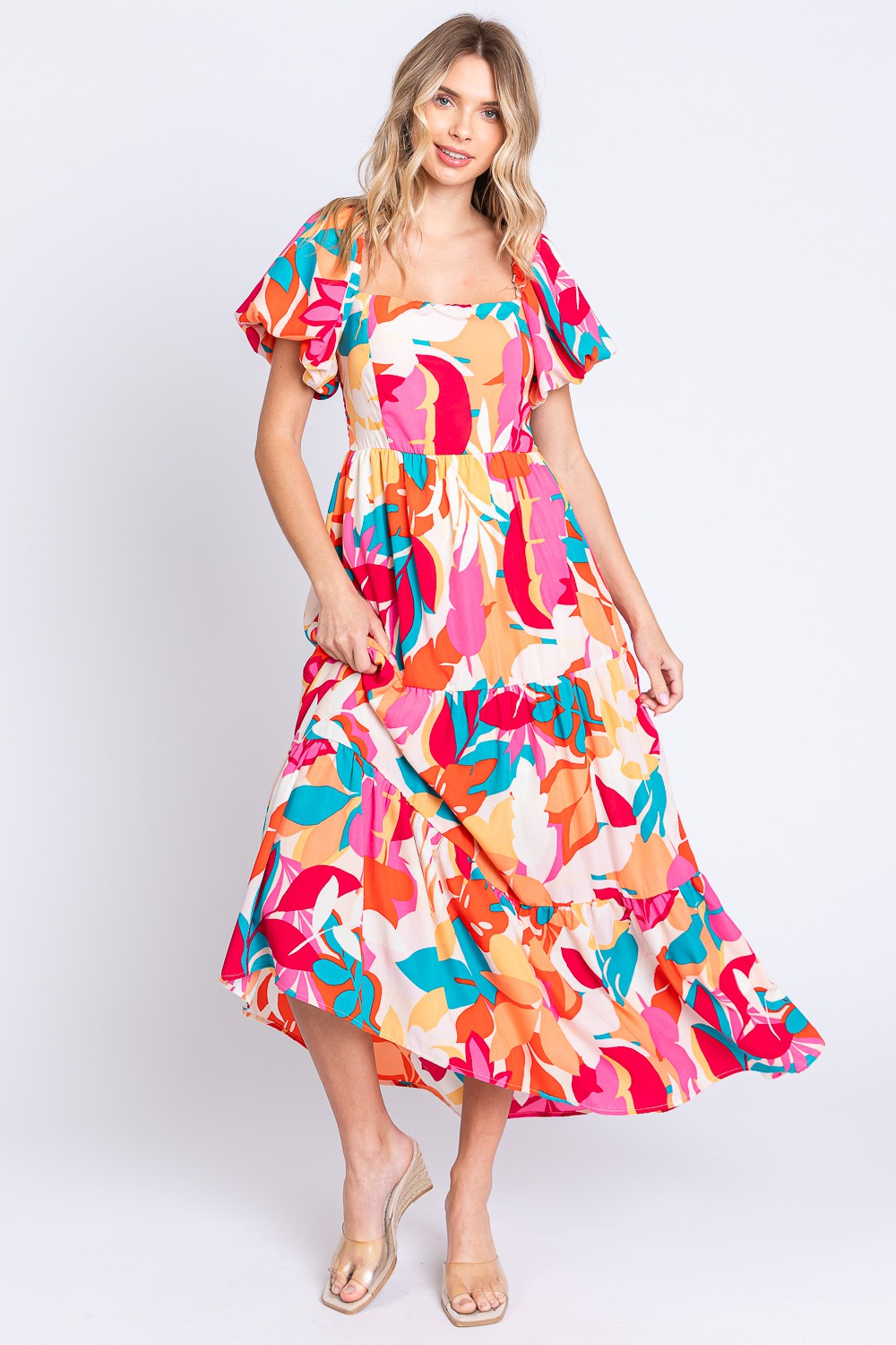 Full Size Printed Smocked Back Tiered Maxi Dress