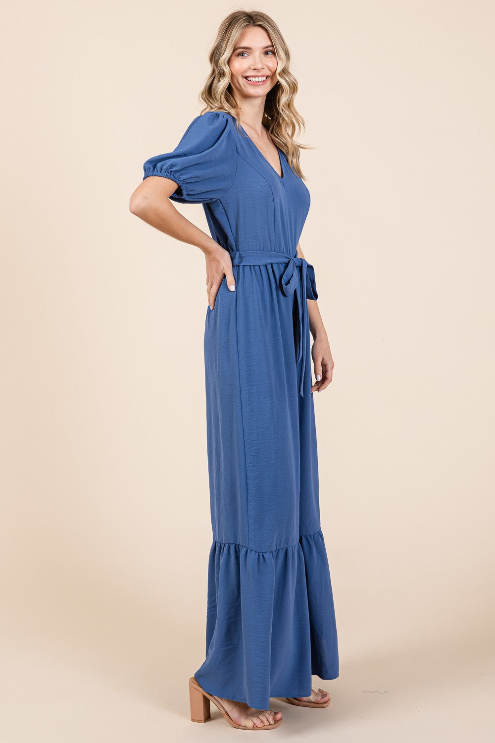 Full Size V-Neck Belted Wide Leg Jumpsuit