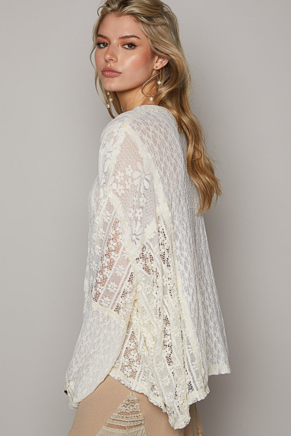 Round Neck Long Sleeve Raw Edge Lace Top