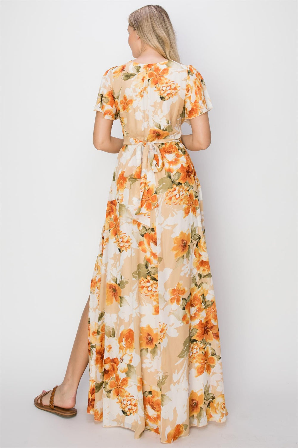 Floral Tie Back Short Sleeve Slit Maxi Dress