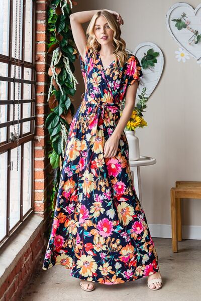 Full Size Floral Surplice Tie Waist Maxi Dress