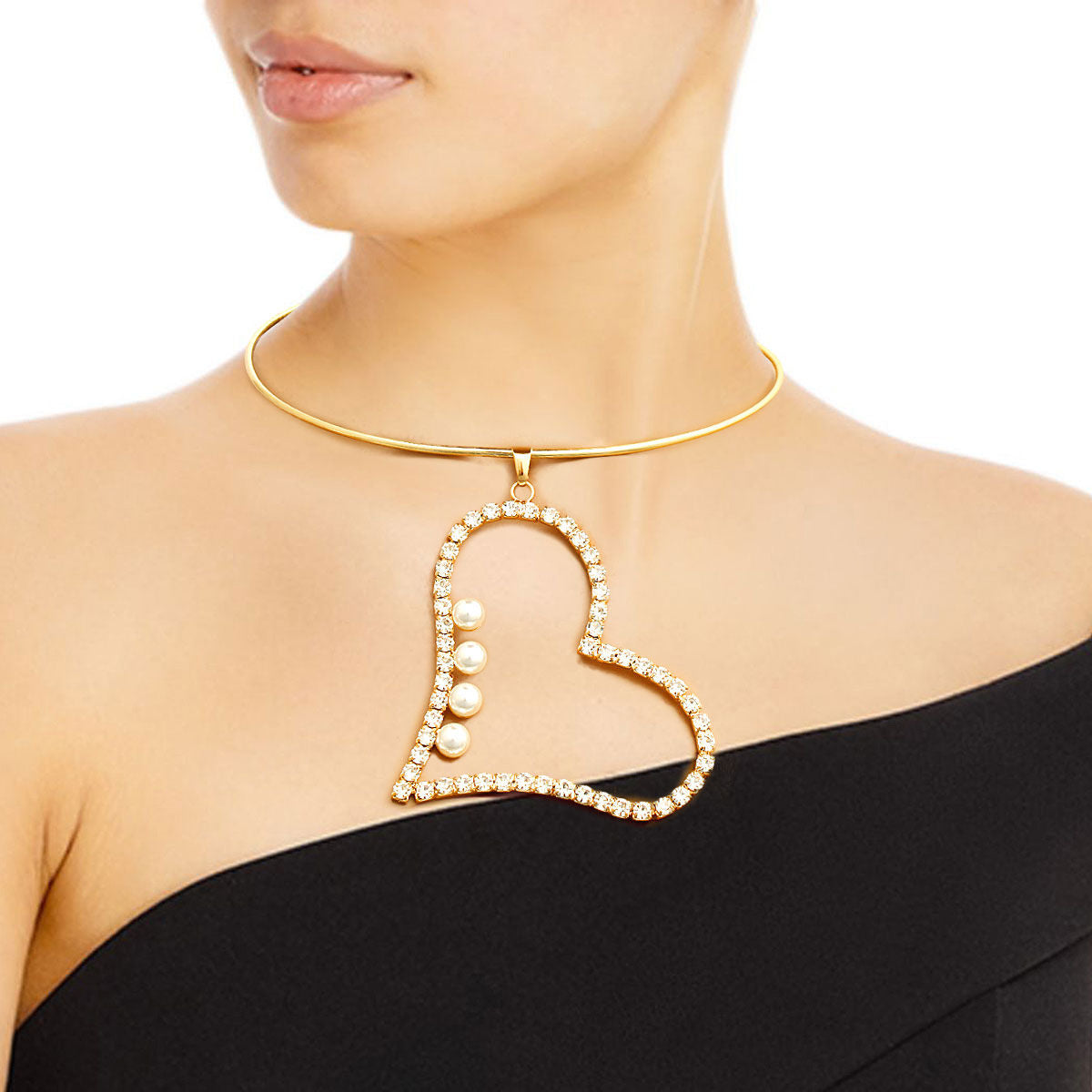 Gold Pearl Rhinestone Heart Choker