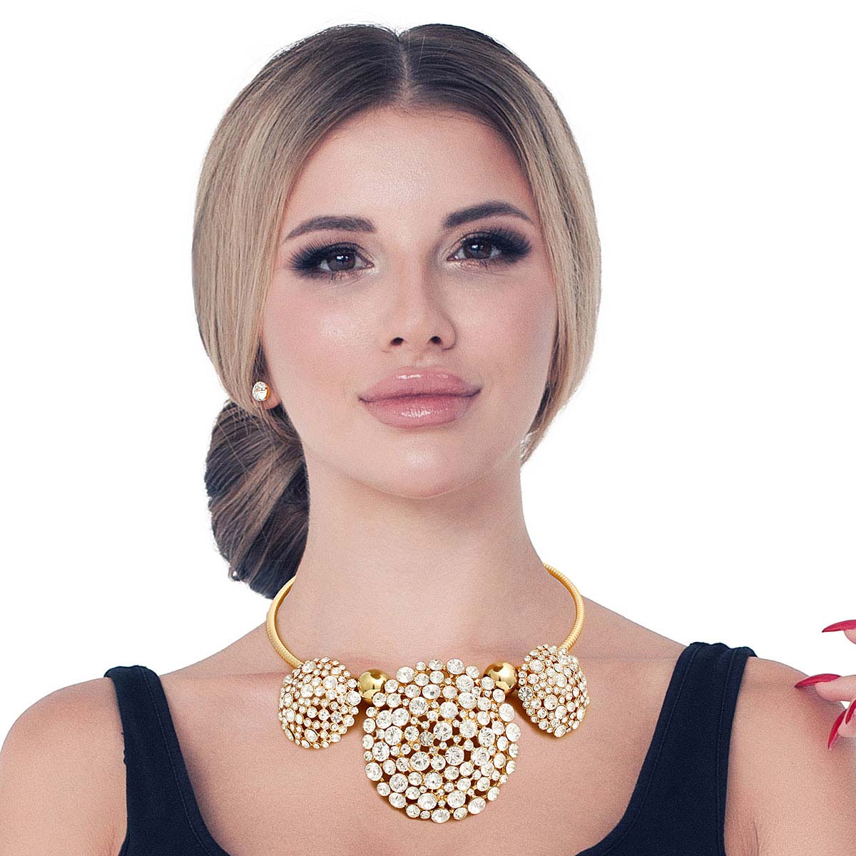 Gold Triple Rhinestone Dome Cluster Collar