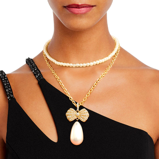 Double Layer Pearl Bow Necklace