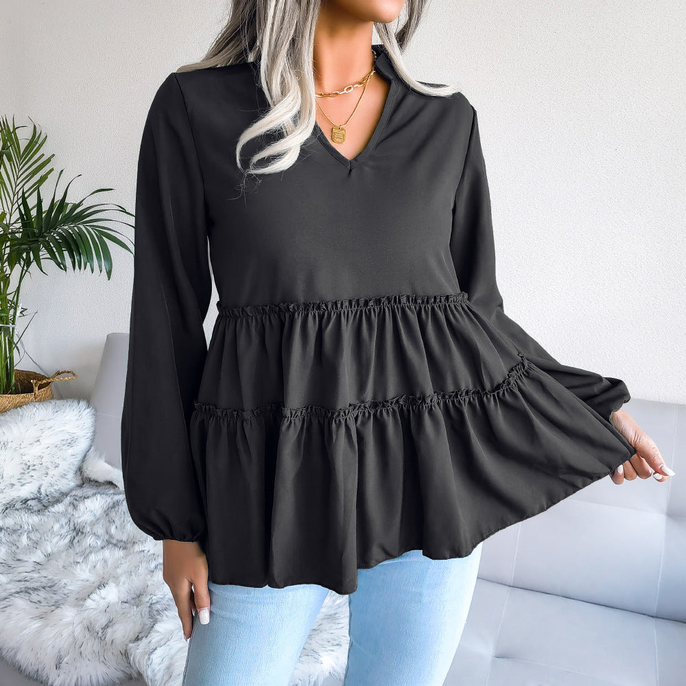 Trim Balloon Sleeve Babydoll Top