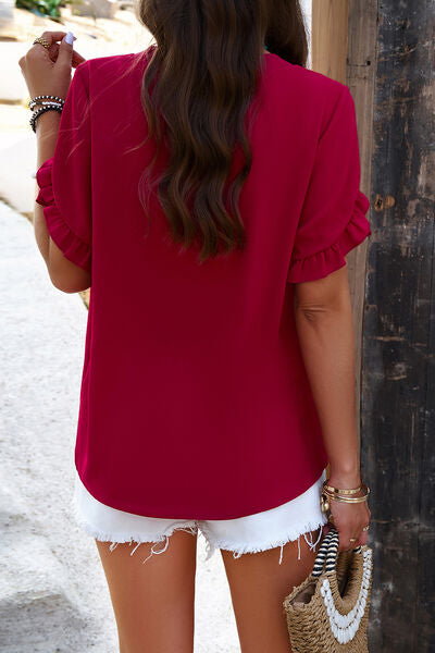 Notched Ruffled Petal Sleeve T-Shirt