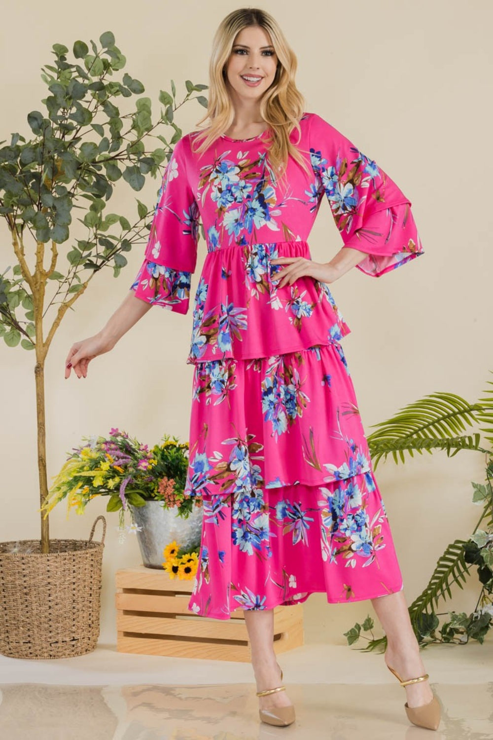 Full Size Floral Ruffle Tiered Midi Dress